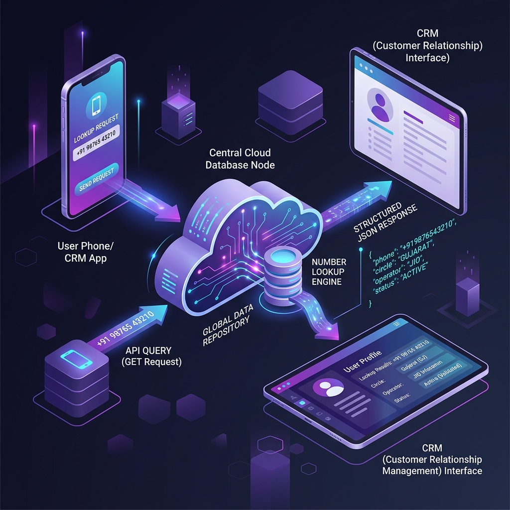 Developer API integration flow for phone intelligence lookup and CRM enrichment
