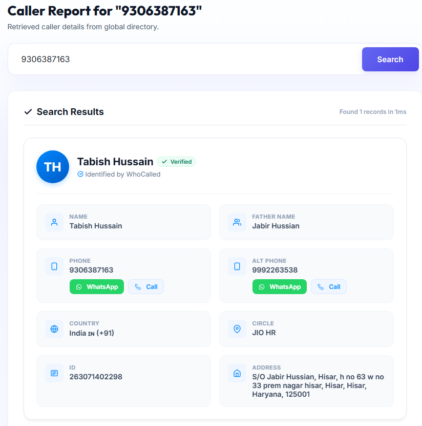 Premium reverse phone lookup dashboard with caller ID, spam risk, telecom circle, and API intelligence panels