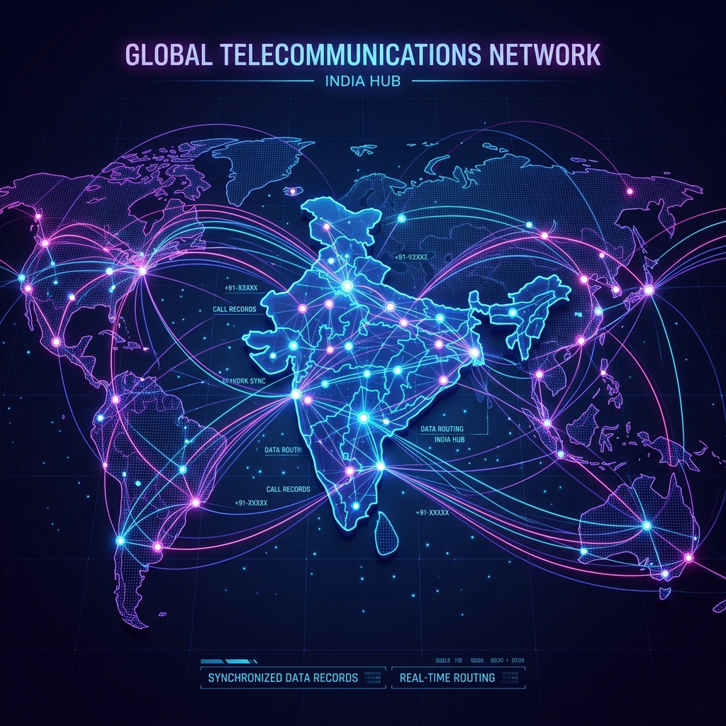 Colorful phone lookup network visual with caller identity signals, spam shields, and telecom data streams